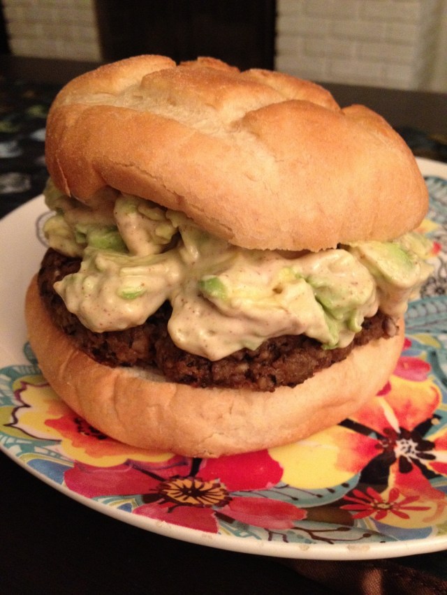 Veggie burger with avocado and chipotle vegan mayo